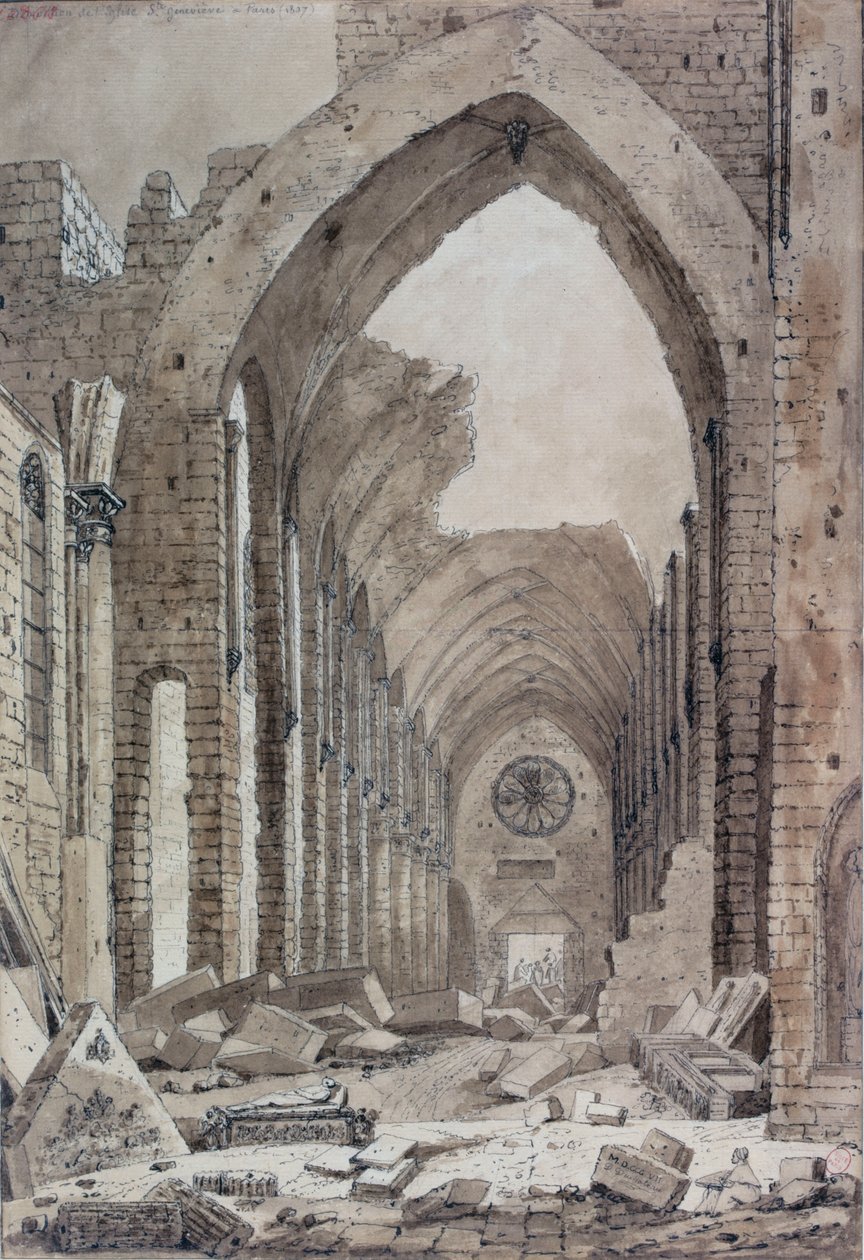 Rivning av den gamla kyrkan St. Genevieve, Paris, 1807 (wc på papper) av Mme. Duchateau