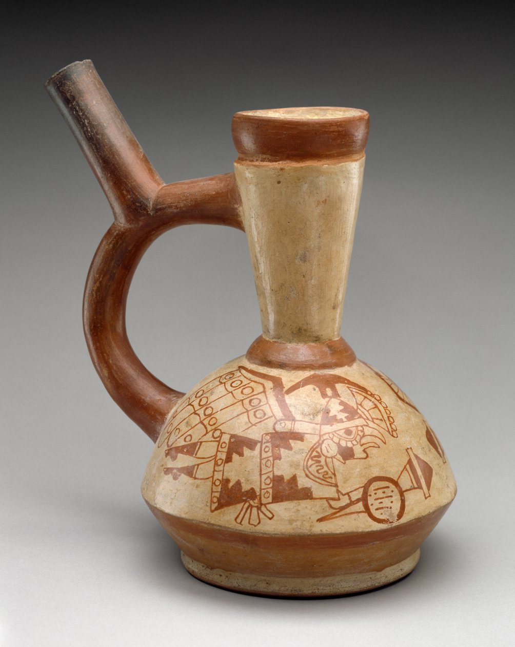 Burk med två ugglor, 400-600 (lergods med bikrom slipmålning) av Moche