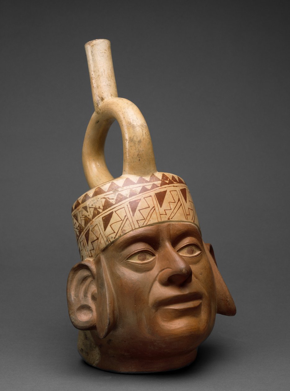 Porträtthuvudkärl, Moche IV, 400-600 (lergods med bikrom slipmålning) av Moche