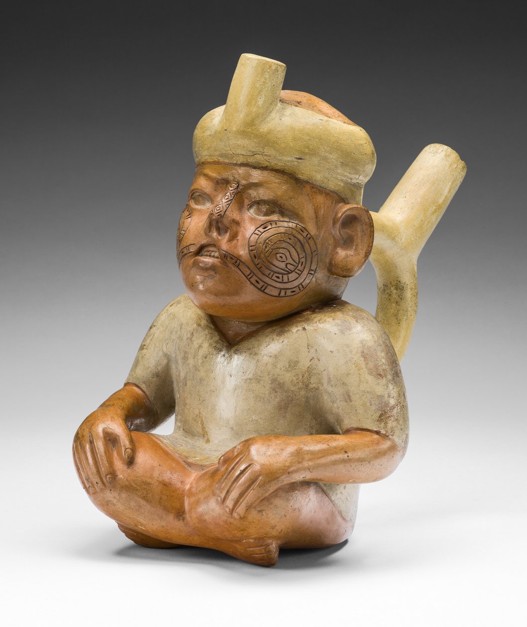 Porträttkärl av en man med en läppspalt och tatueringar, 100 f.Kr.-A.D. 500 av Moche