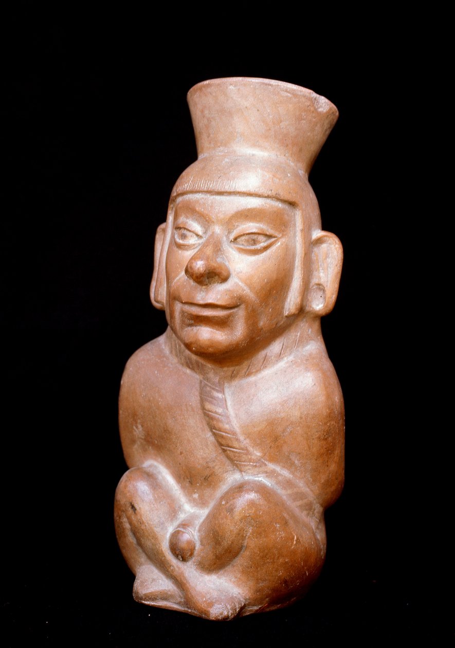 Precolombiansk konst, Mochic civilisation (ful, mochica): antropomorf terrakottaflaska som föreställer en fånge före hans offer (han bär ett rep runt halsen och händerna bundna i ryggen). 200 f.Kr.-700 e.Kr. Lima, Nationalmuseet för antropologi och av Moche Moche