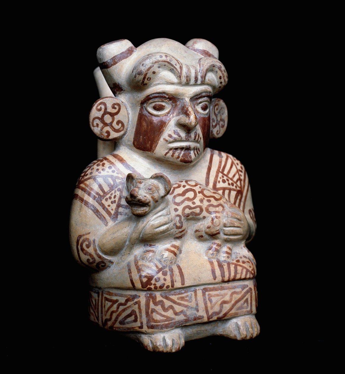 Pre-colombiansk konst, moche civilisation (ful, mochica): en Mochica-hövding med en katt i famnen. Antropomorf lervas. 200 f.Kr.-700 e.Kr. Lima, Nationalmuseet för antropologi och arkeologi, Peru av Moche Moche