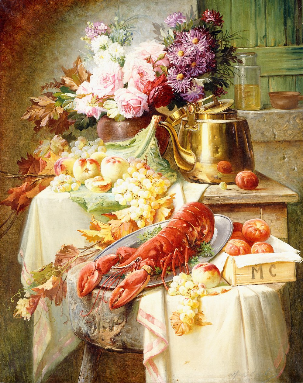 Stilleben med en hummer och diverse frukt och blommor, av Modeste Carlier