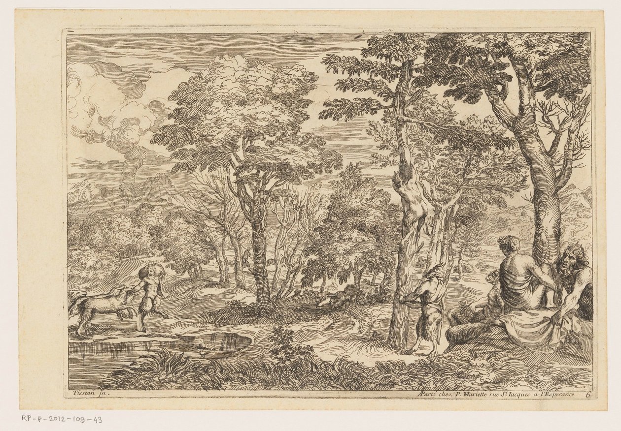 Skogslandskap med satyrer Landskap efter Titian (serietitel) av Moise Jean Baptiste Fouard
