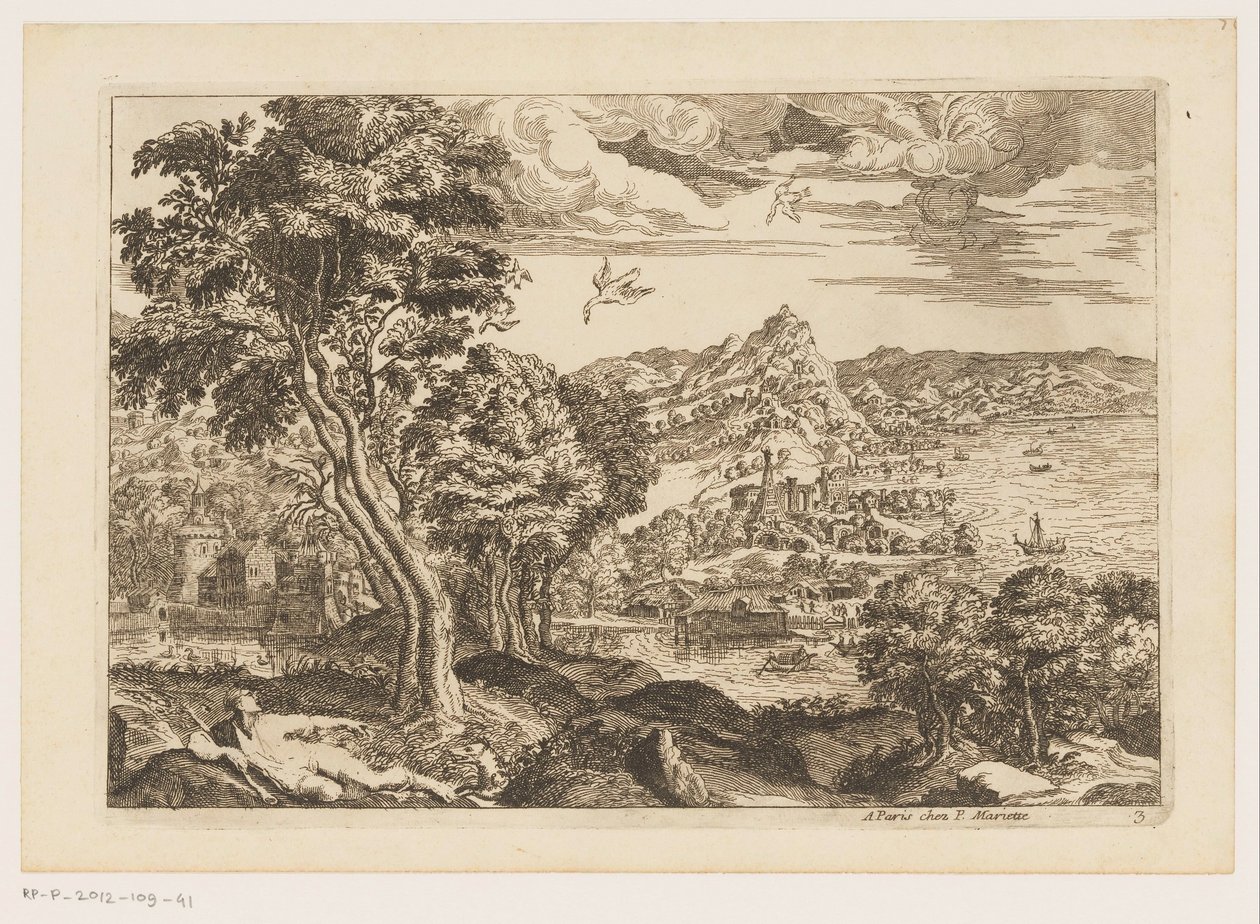 Kustlandskap med flygande fåglar Landskap efter Titian (serietitel) av Moise Jean Baptiste Fouard