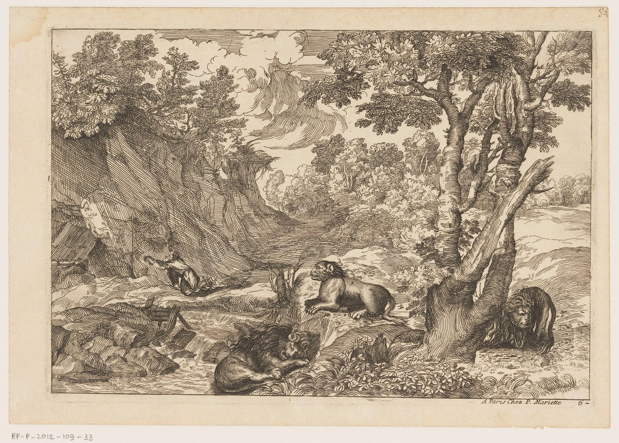 Landskap med den ångerfulle Hieronymus och tre vilande lejon Landskap efter Titian (serietitel) av Moise Jean Baptiste Fouard