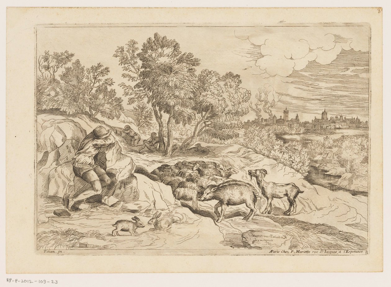 Landskap med tre herdar som vilar med en flock Landskap efter Titian (serietitel) av Moise Jean Baptiste Fouard