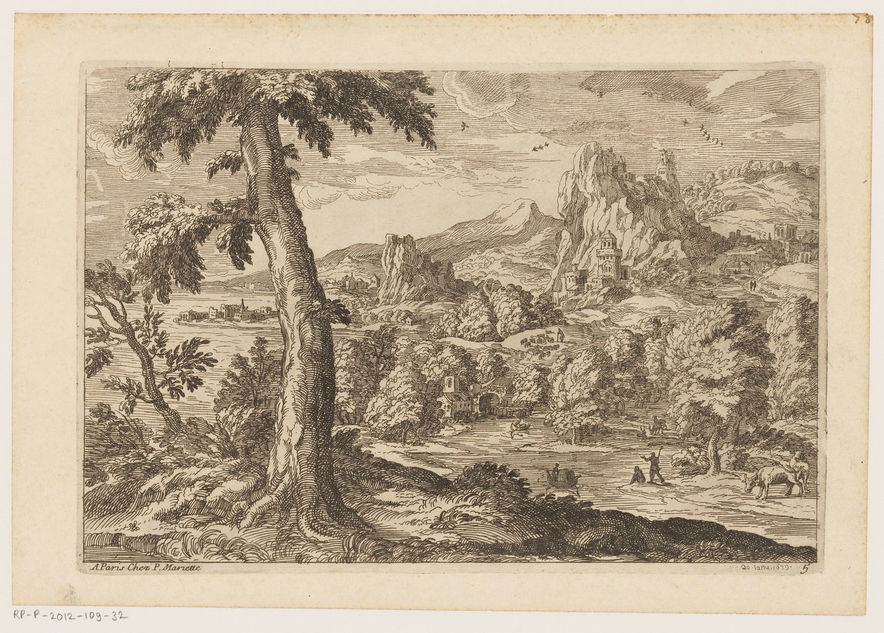 Landskap med figurer längs en flod Landskap efter Titian (serietitel) av Moise Jean Baptiste Fouard