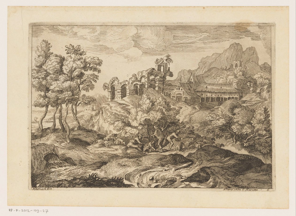 Landskap med herdar med en flock vid en ruin Landskap efter Titian (serietitel) av Moise Jean Baptiste Fouard