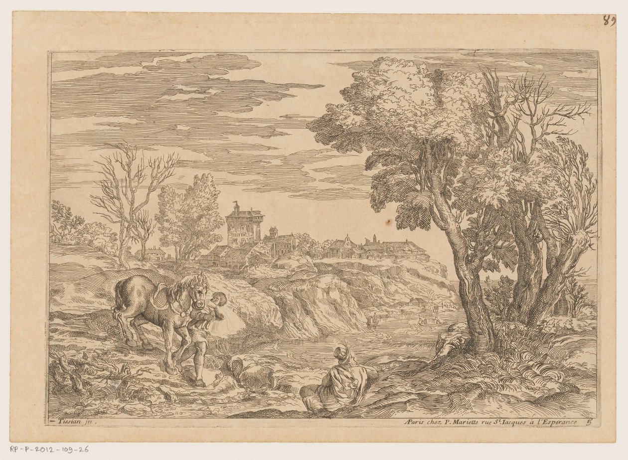Landskap med en man med en häst som korsar en flod Landskap efter Titian (serietitel) av Moise Jean Baptiste Fouard