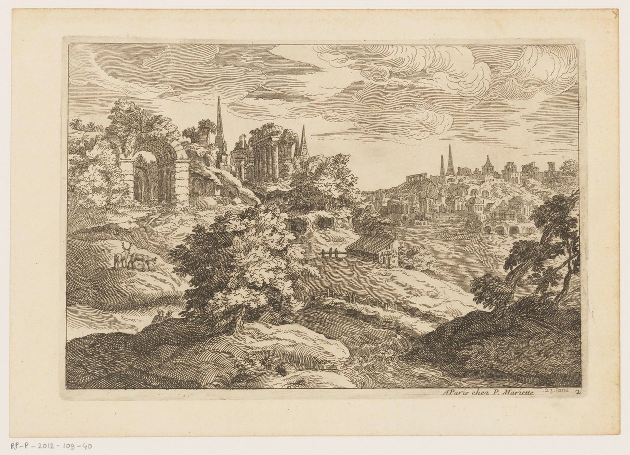 Landskap med ruiner och rådjur Landskap efter Titian (serietitel) av Moise Jean Baptiste Fouard