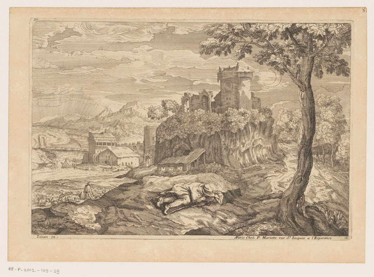 Landskap med en vilande herde, i bakgrunden en flod med bro och vattenkvarn Landskap efter Titian (serietitel) av Moise Jean Baptiste Fouard