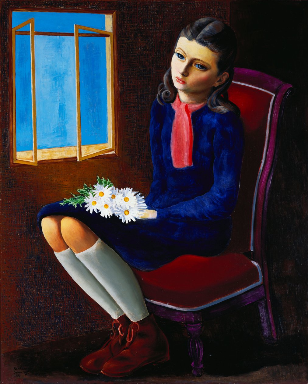 En ung flicka sittande med Marguerites av Moise Kisling