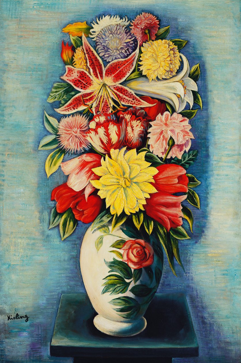 Blommor: Dahlior, tulpaner och liljor; Bouquet de Fleurs: Dahlior, tulpaner, liljor och liljor av Moise Kisling