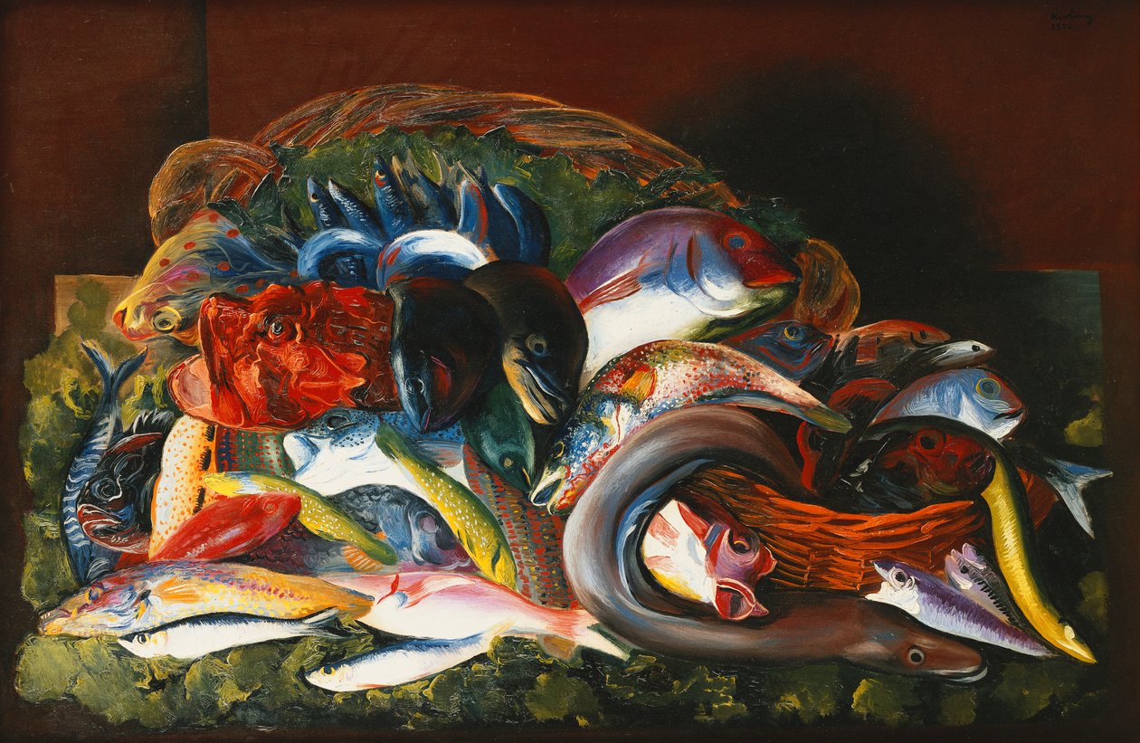 Stort stilleben med fisk; Grande Nature Morte aux Poissons av Moise Kisling