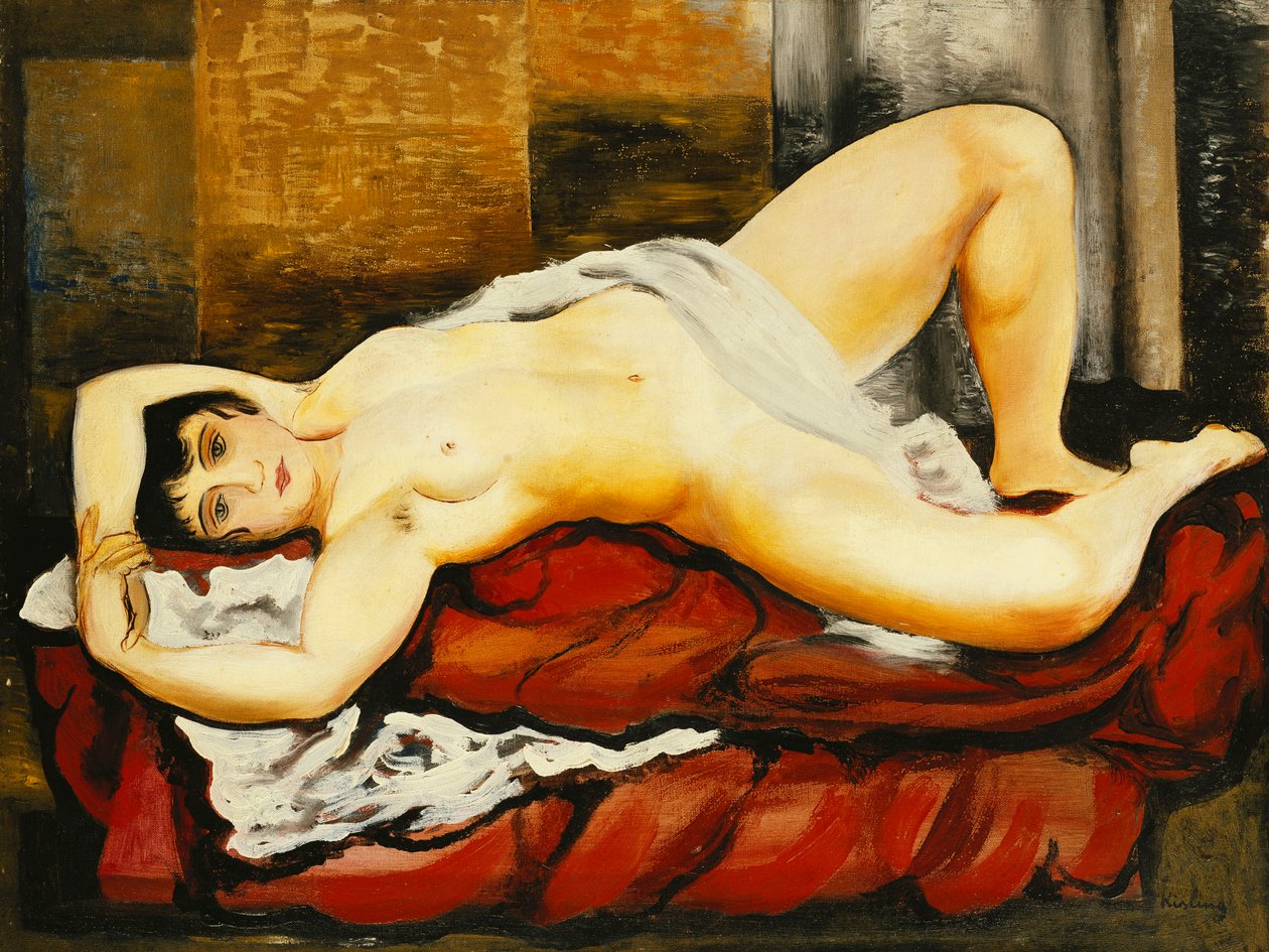 Naken i vitt lakan; Nu Couche au Drap Blanc av Moise Kisling