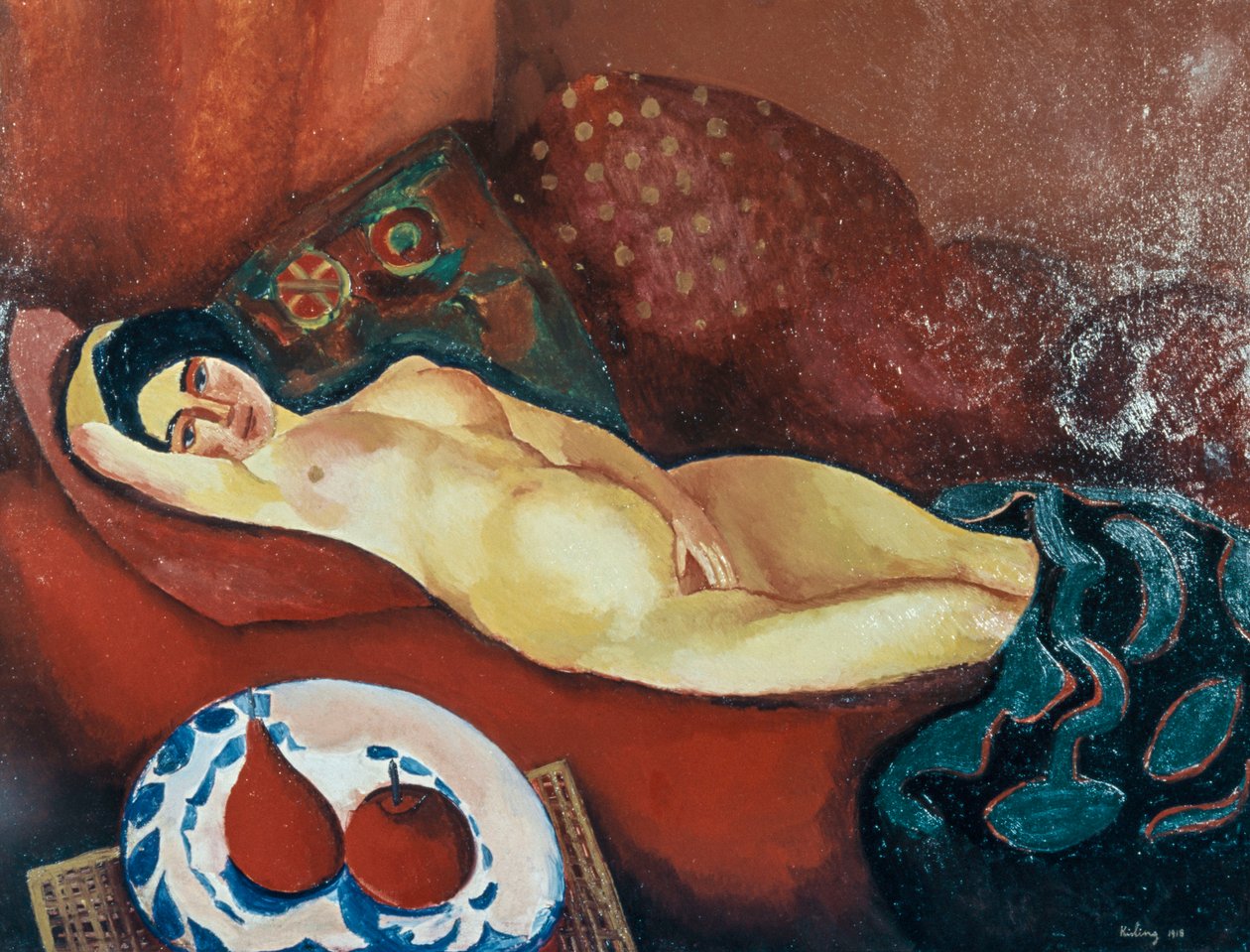 Naken på röd soffa (olja på duk) av Moise Kisling