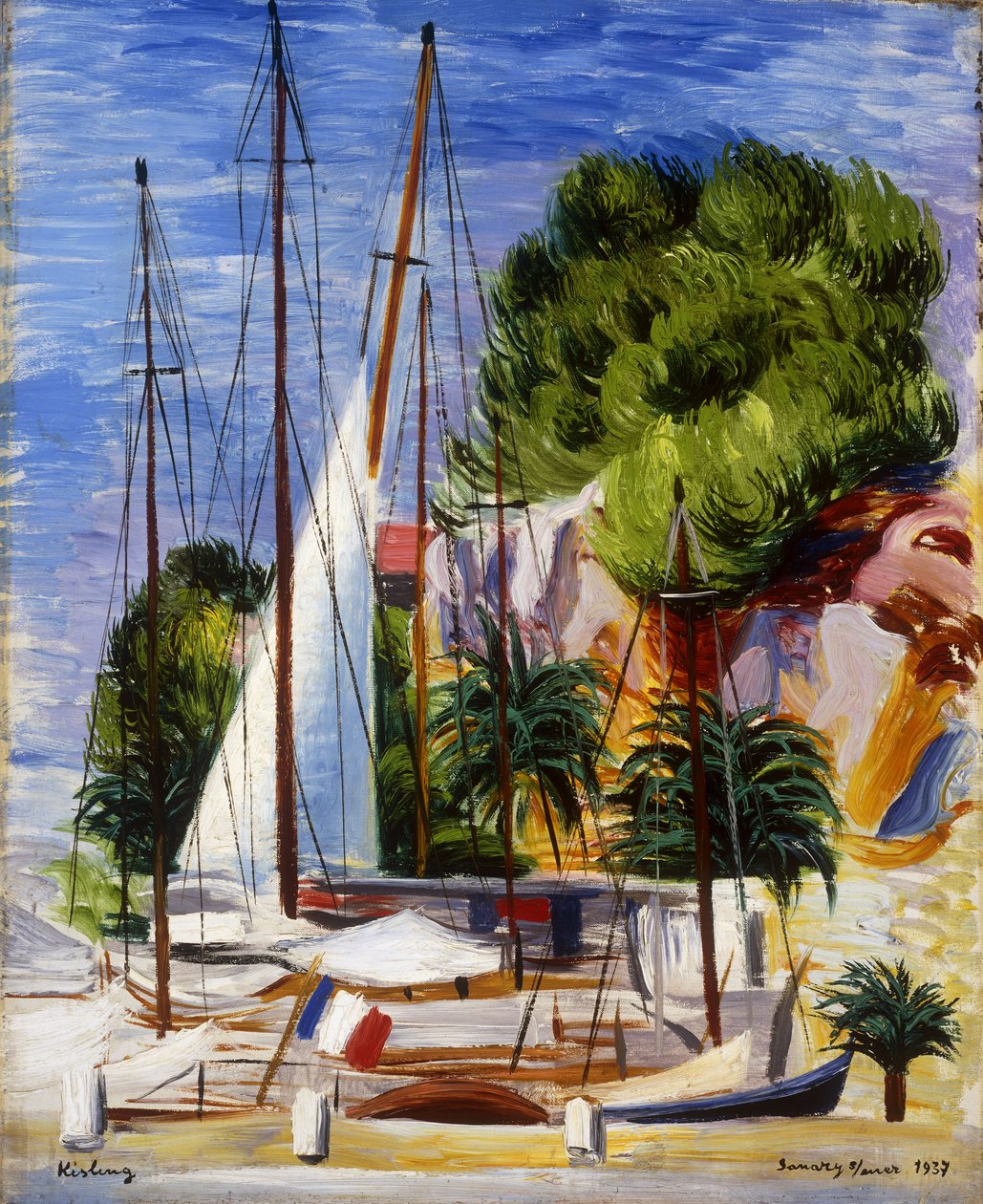 Seglande båtar i Sanarys hamn; Voiliers dans le Port de Sanary av Moise Kisling