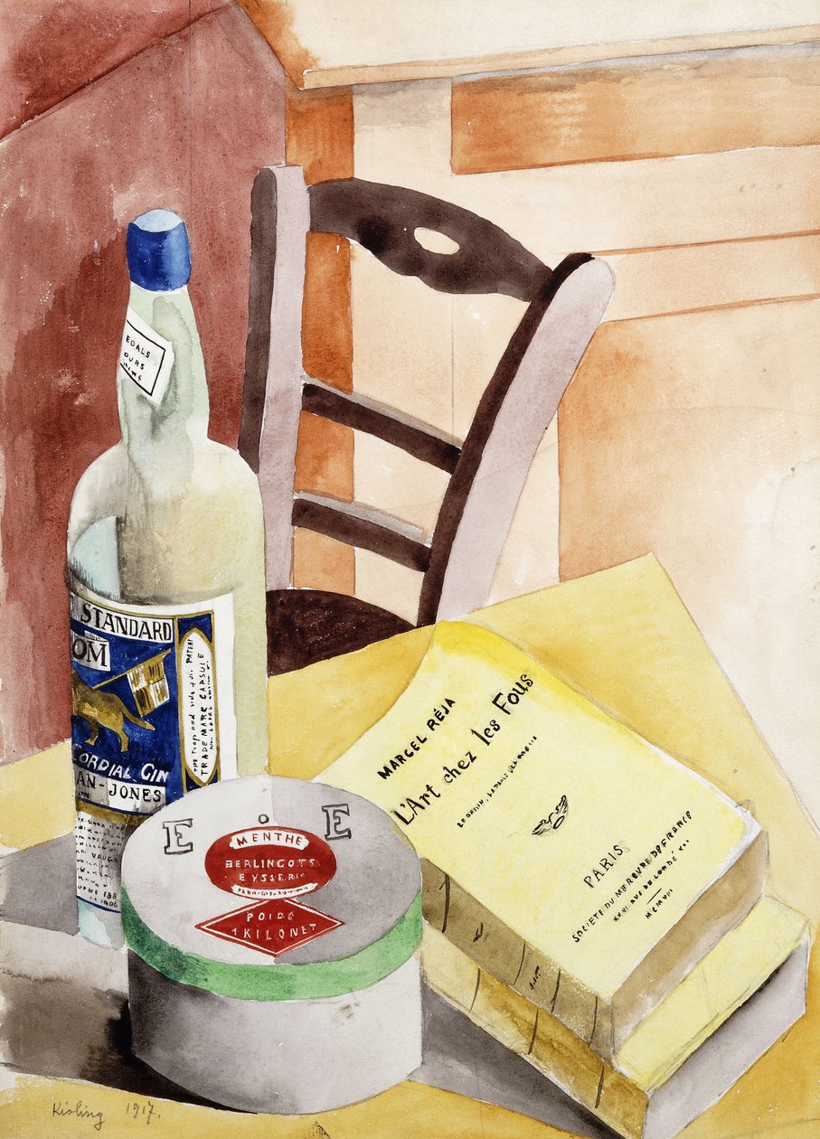 Stilleben med flaskor och böcker; Nature Morte a la Bouteilles aux Livres av Moise Kisling