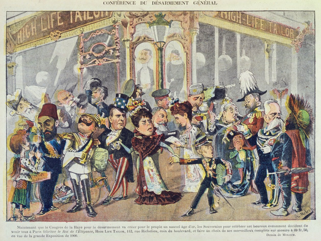 Annons för en parisisk klädbutik med hänvisning till den första Haagkonferensen 1899, från tidskriften "Le Rire", 1899. av Moloch