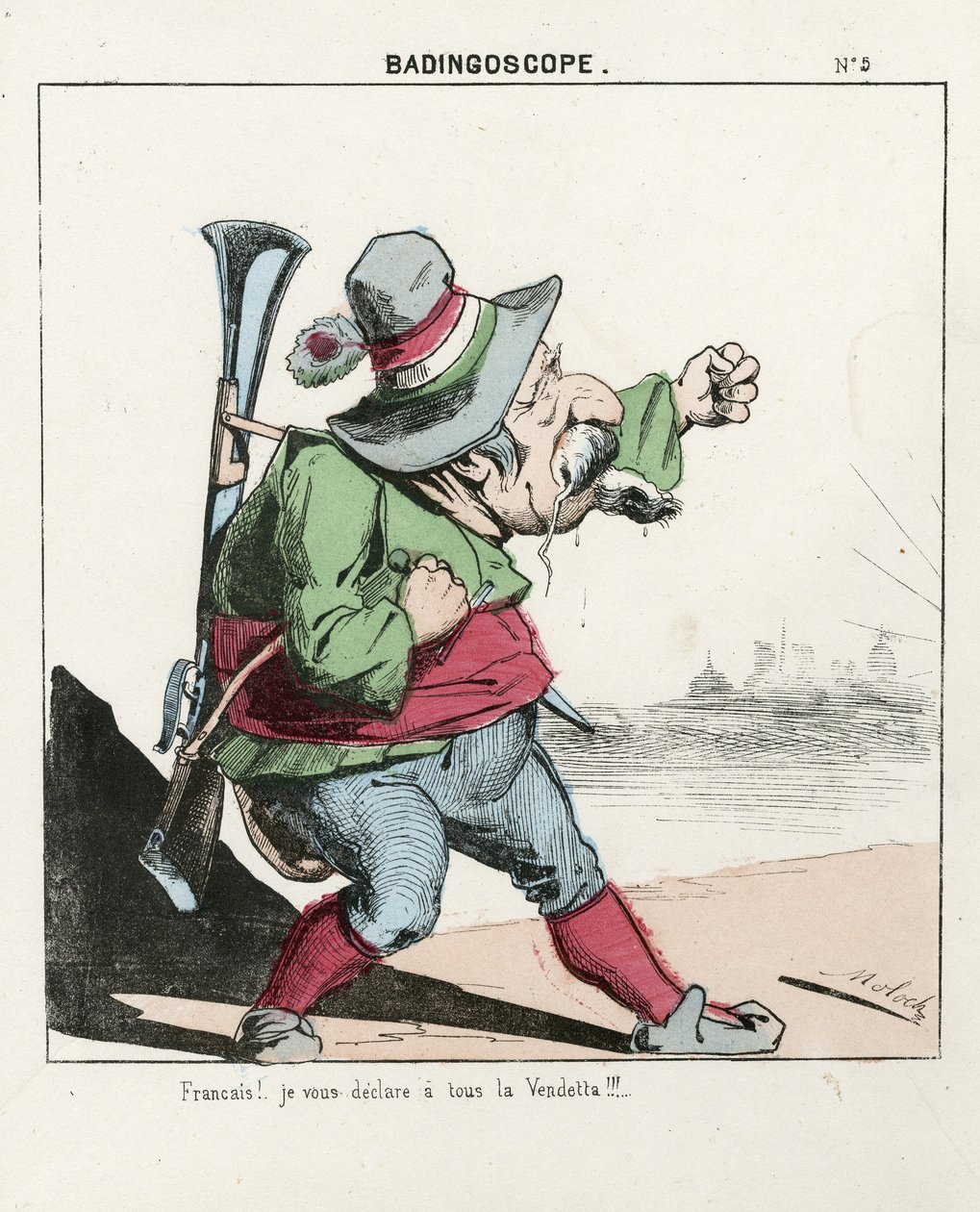 Flygande blad, nummer 5, Satirisk i färger, cirka 1870: Badingoskop - Paris kommun/krig/belägring, jakt, republikens president - Napoleon III - Illustration av Moloch (1849-1909) av Moloch