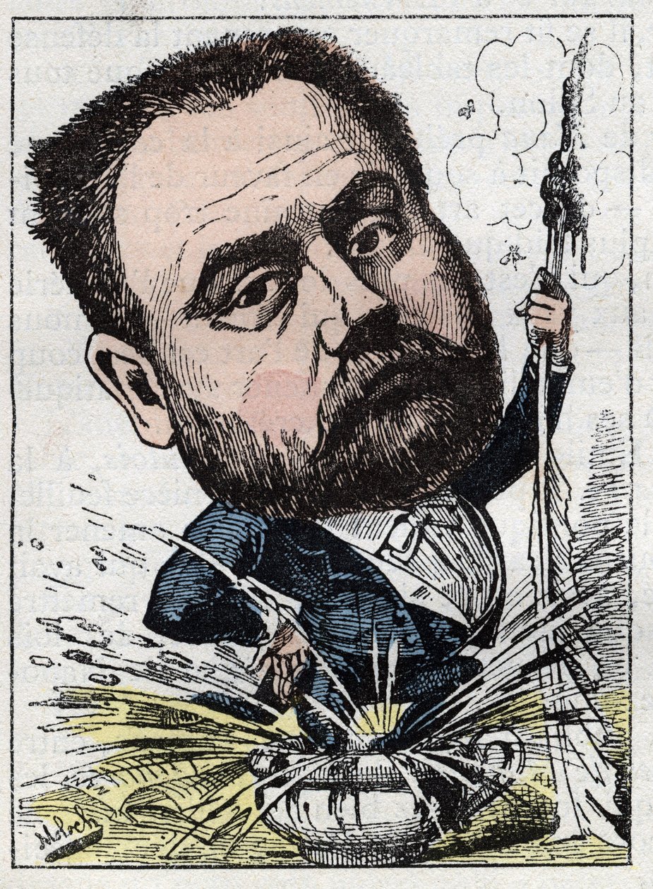 Porträtt av Emile Zola (1840-1902) fransk författare i "" Le Trombinoscope"" av Touchatout, karikatyr av B. Moloch från 1882 (1849-1909). Privat samling. av Moloch