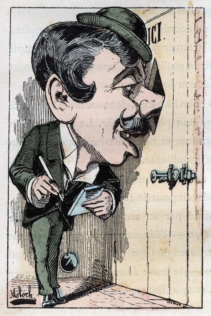 Allegori om en "" reporter "" (journalist) i "" Le Trombinoscope"" av Touchatout, tecknad av B. Moloch från 1882 (1849-1909). Privat samling. av Moloch