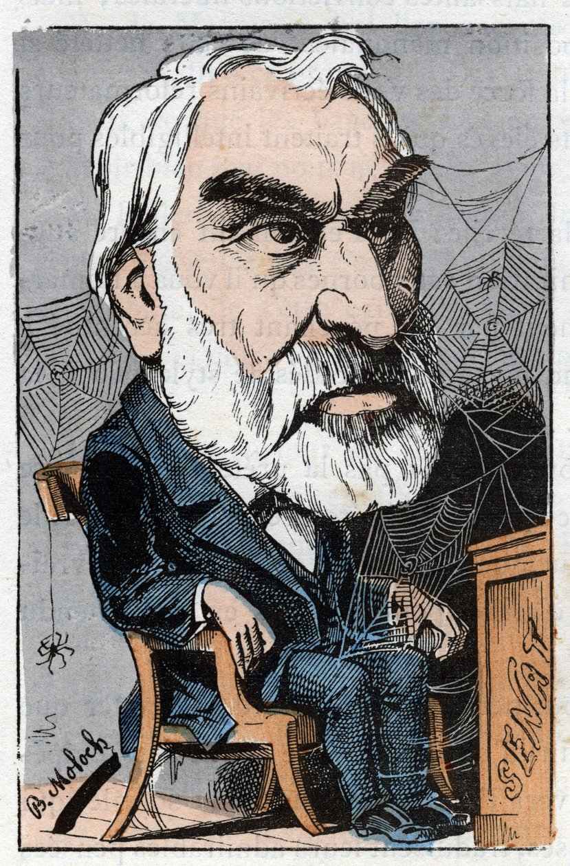 Eugene Pelletan (1813-1884), fransk litteraturjournalist och politiker i "Le Trombinoscope"" av Touchatout, tecknad av B. Moloch från 1882 (1849-1909). Privat samling. av Moloch