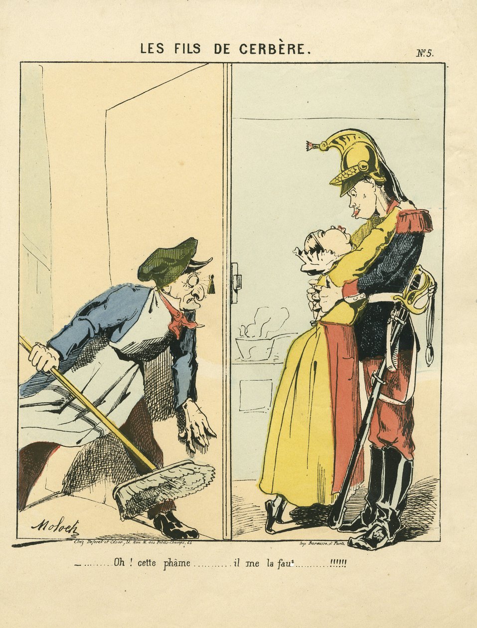 Flygande blad, nummer 5, satirisk i färger: Les fils de cerbere - Commune de Paris/Krig/Siege, Amour - Illustration av Moloch (1849-1909) av Moloch