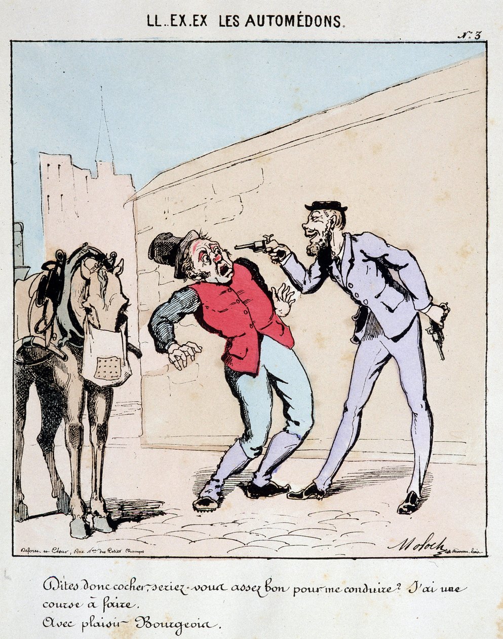 HAN. EX. EX. Motoredons: Tecknad film om transporter i staden. En borgare ber artigt en kusk att köra honom samtidigt som han hotar honom med vapen. Teckning av Moloch (1849-1909), omkring 1860. av Moloch