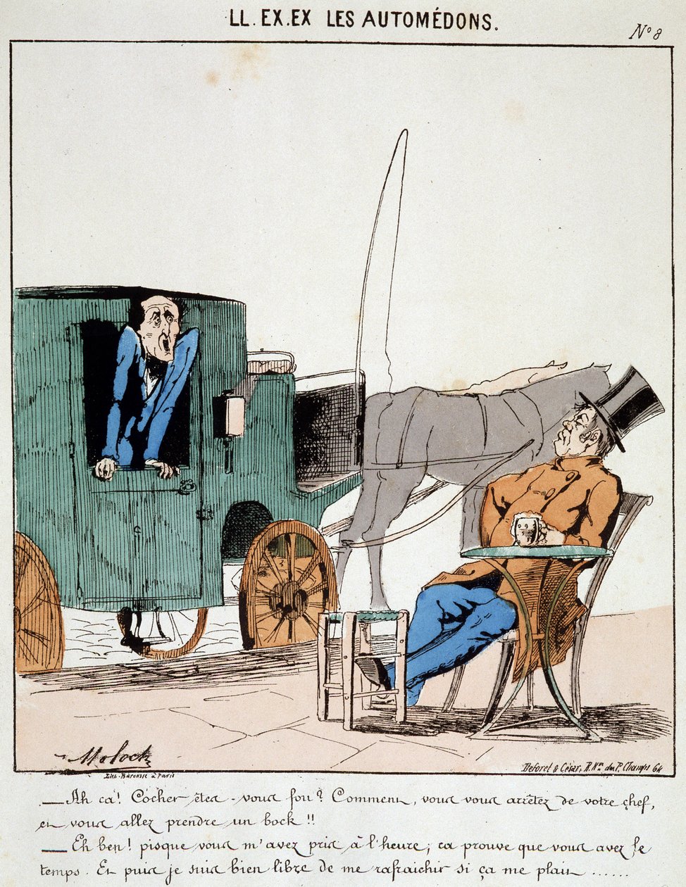 HAN. EX. EX. Motoredons: Tecknad film om transporter i staden. En kusk betalar i tid stannar till på ett kafé för att ta en bock under den borgare han bär på. Teckning av Moloch (1849-1909), omkring 1860. av Moloch