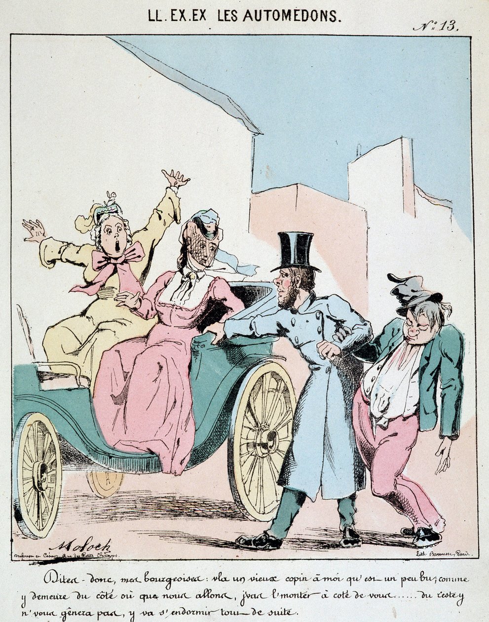 HAN. EX. EX. Motoredons: Tecknad film om transporter i staden. En kusk tar en berusad vän in i vagnen bredvid två förskräckta borgerliga kvinnor. Teckning av Moloch (1849-1909), omkring 1860. av Moloch