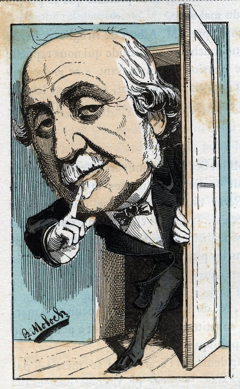 Porträtt av Albert, hertig av Broglie (1821-1901), fransk historiker och politiker i "Le Trombinoscope"" av Touchatout, tecknad av B. Moloch från 1882 (1849-1909). Privat samling. av Moloch