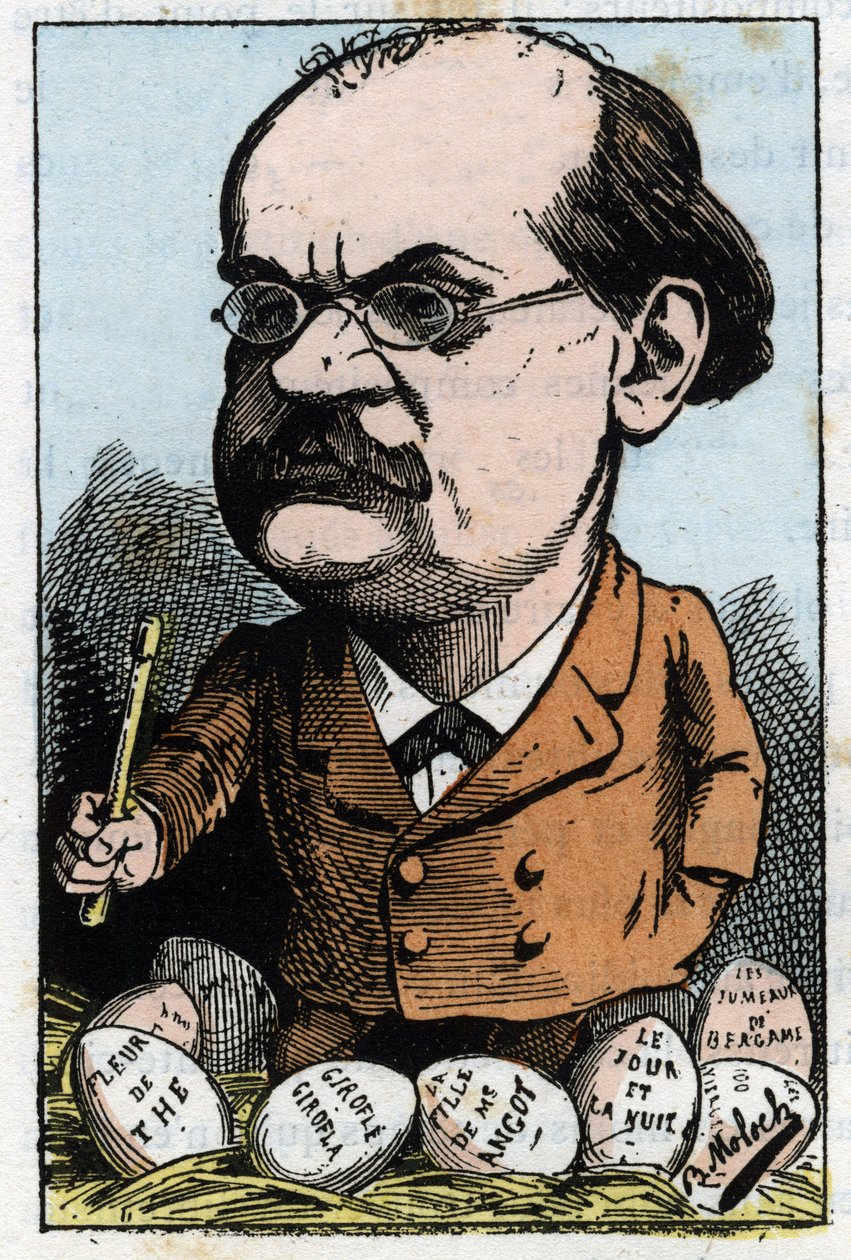 Porträtt av Alexandre Charles Lecocq (1832-1918), fransk kompositör i "" Le Trombinoscope"" av Touchatout, karikatyr av B. Moloch från 1882 (1849-1909). Privat samling. av Moloch