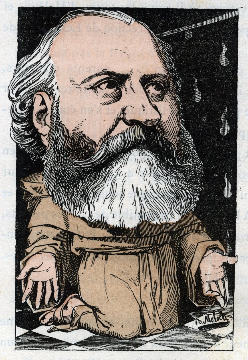 Porträtt av Charles Gounod (1818-1893), fransk kompositör i "Le Trombinoscope"" av Touchatout, karikatyr av B. Moloch från 1882 (1849-1909). Privat samling. av Moloch