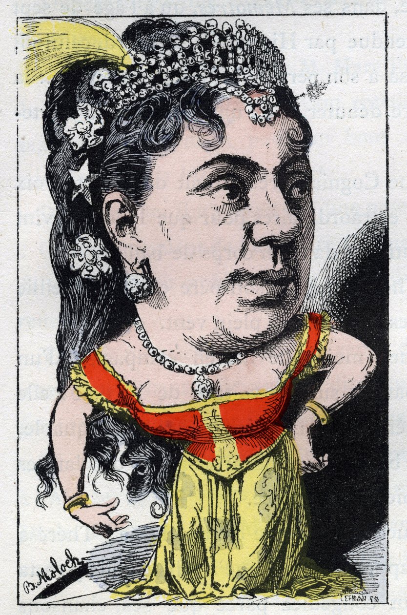 Porträtt av Emma Valladon dit Theresa (1837 -1913) sångerska i fransk kabaré i "" Le Trombinoscope"" av Touchatout, tecknad av B. Moloch från 1882 (1849-1909). Privat samling. av Moloch