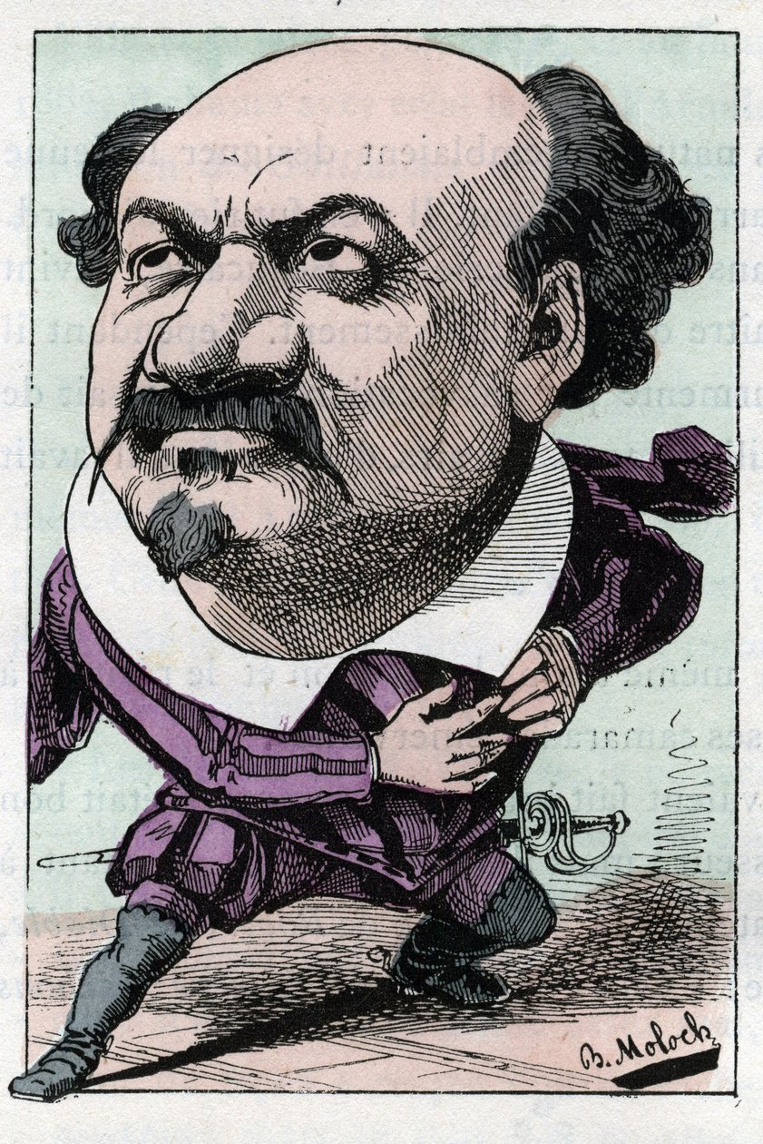 Porträtt av Francois Pierre VILLARET (1830-1896) tenor i operan mellan 1863 och 1882 i "" Le Trombinoscope"" av Touchatout, karikatyr av B. Moloch från 1882 (1849-1909). Privat samling. av Moloch