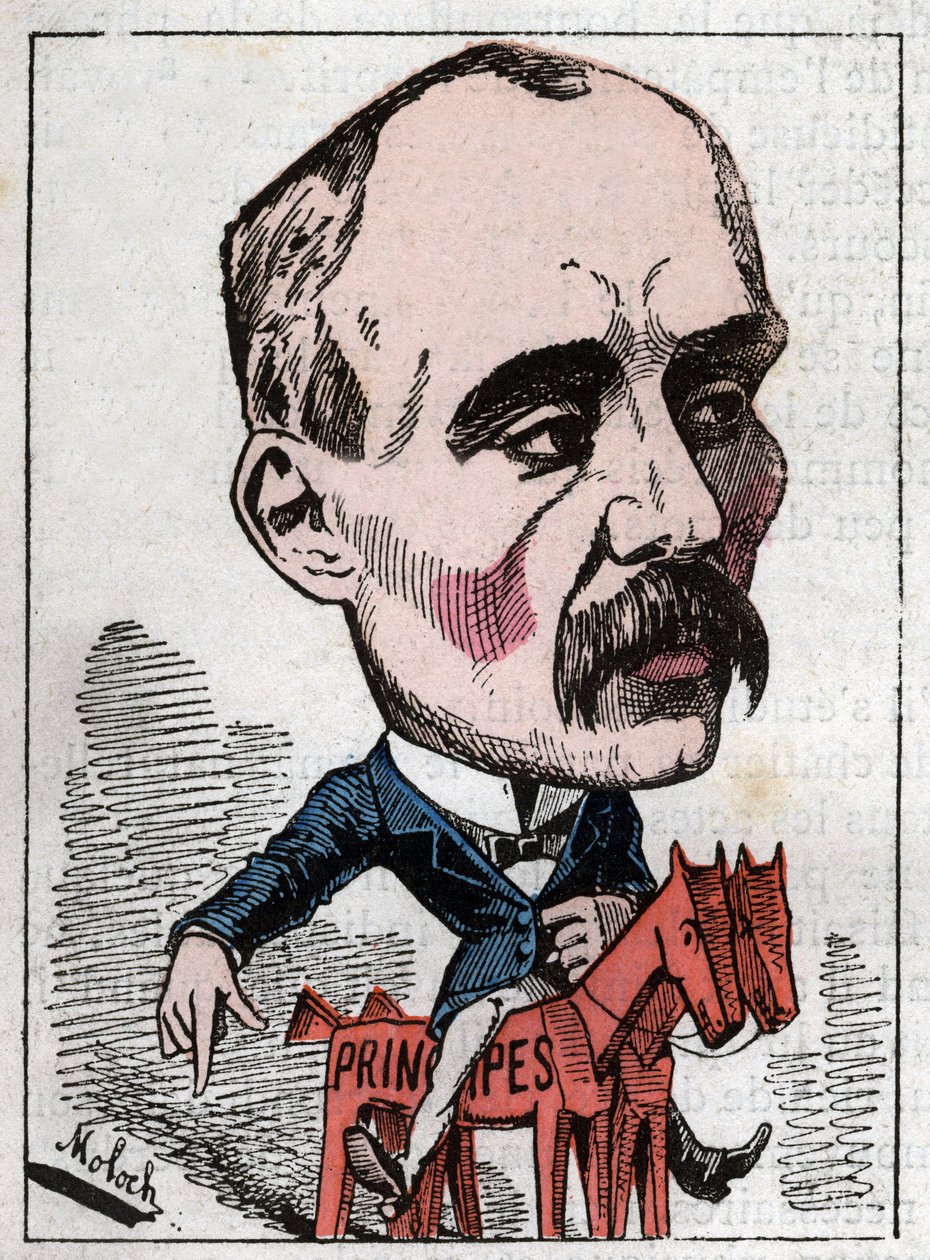 Porträtt av Georges Clemenceau (1841-1929) politiker i "Le Trombinoscope"" av Touchatout, karikatyr av B. Moloch från 1882 (1849-1909). Privat samling. av Moloch