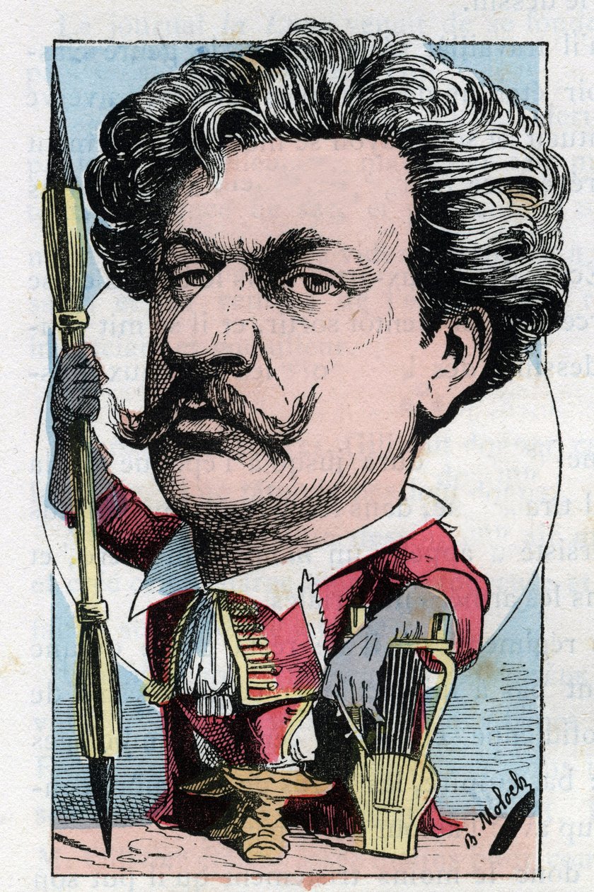 Porträtt av Louis Alexandre Gosset de Guines dit Andre Gill (1840 - 1885) fransk poetmålare i "" Le Trombinoscope"" av Touchatout, tecknad av B. Moloch från 1882 (1849-1909). Privat samling. av Moloch