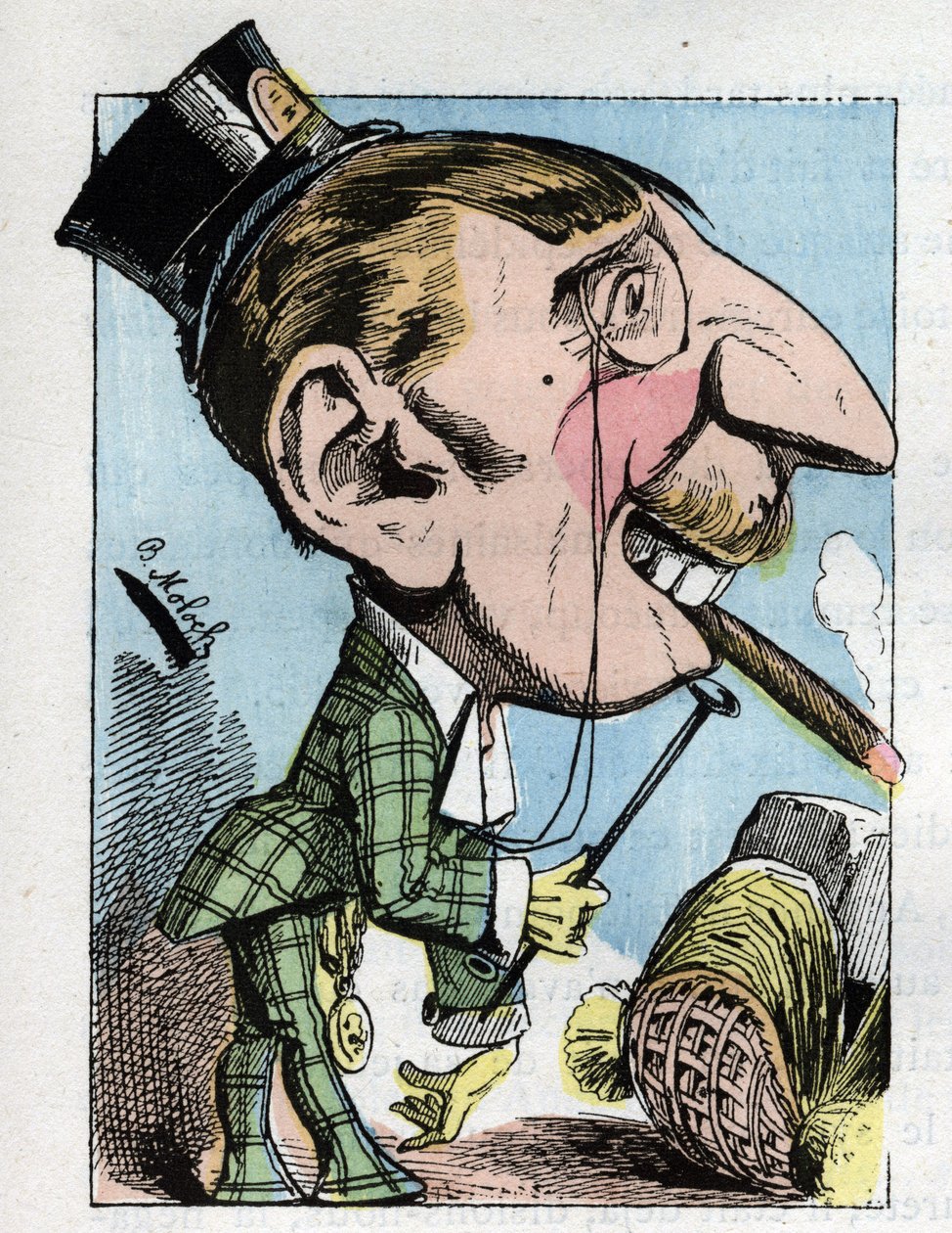 Porträtt av en "" gummiaktig "" ung man har upprörande elegans och begränsas till förlöjligande (dandy, elegant, fiskig, trögflytande) i "" Le Trombinoscope"" av Touchatout, karikatyr av B. Moloch från 1882 (1849-1909). Privat samling. av Moloch