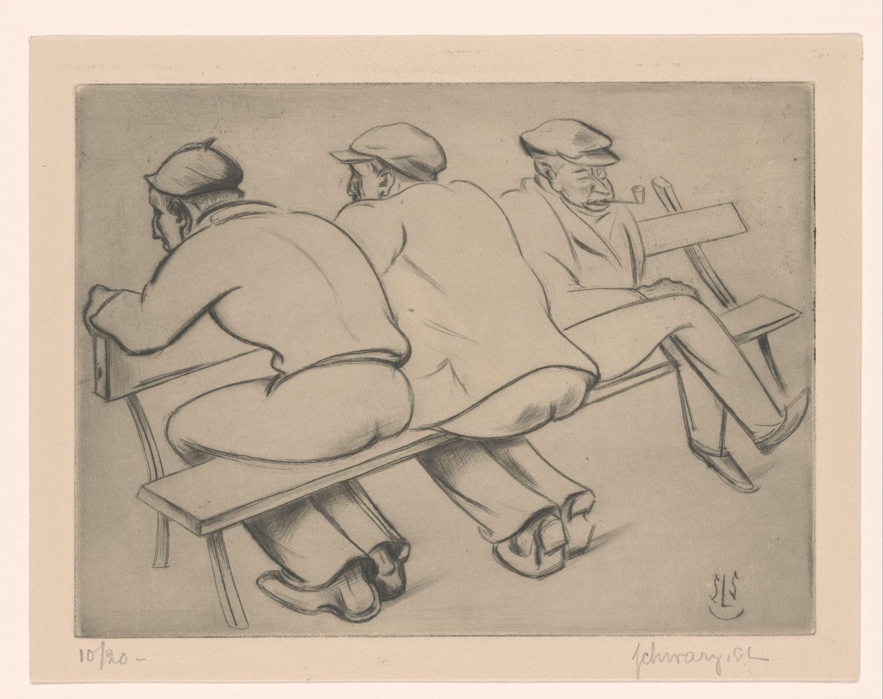 Tre män på en bänk av Mommie Schwarz (signed by artist)