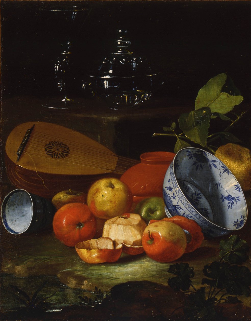 Mandolin, kopp och skål, porslin, äpplen, 1706 av Monari
