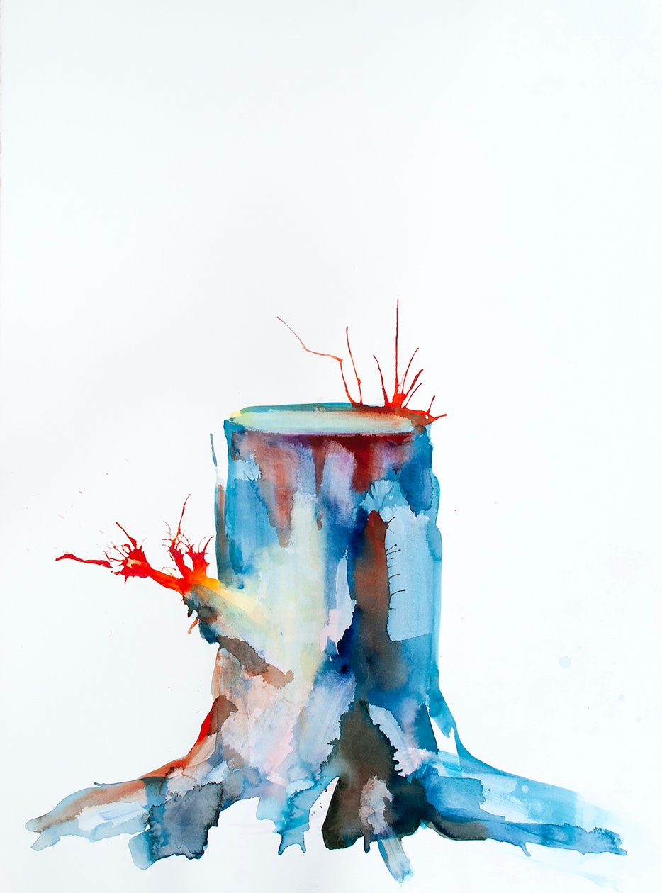 Red Shoots, 2020 (bläck, betjuice och akvarell på Bockingford-papper) av Monica Perez Vega