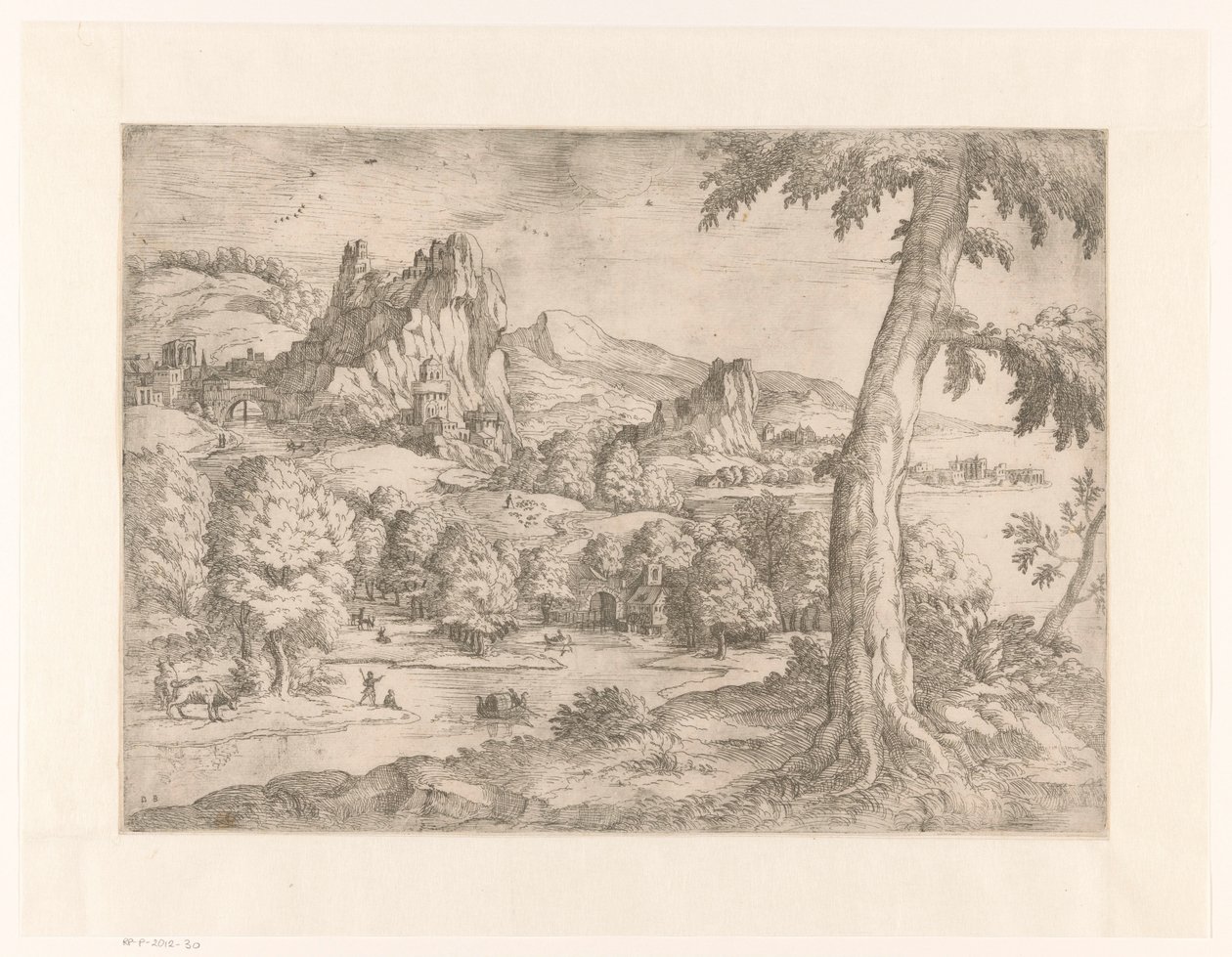 Panoramalandskap med stort träd av Monogrammist DB (etser 16de eeuw)