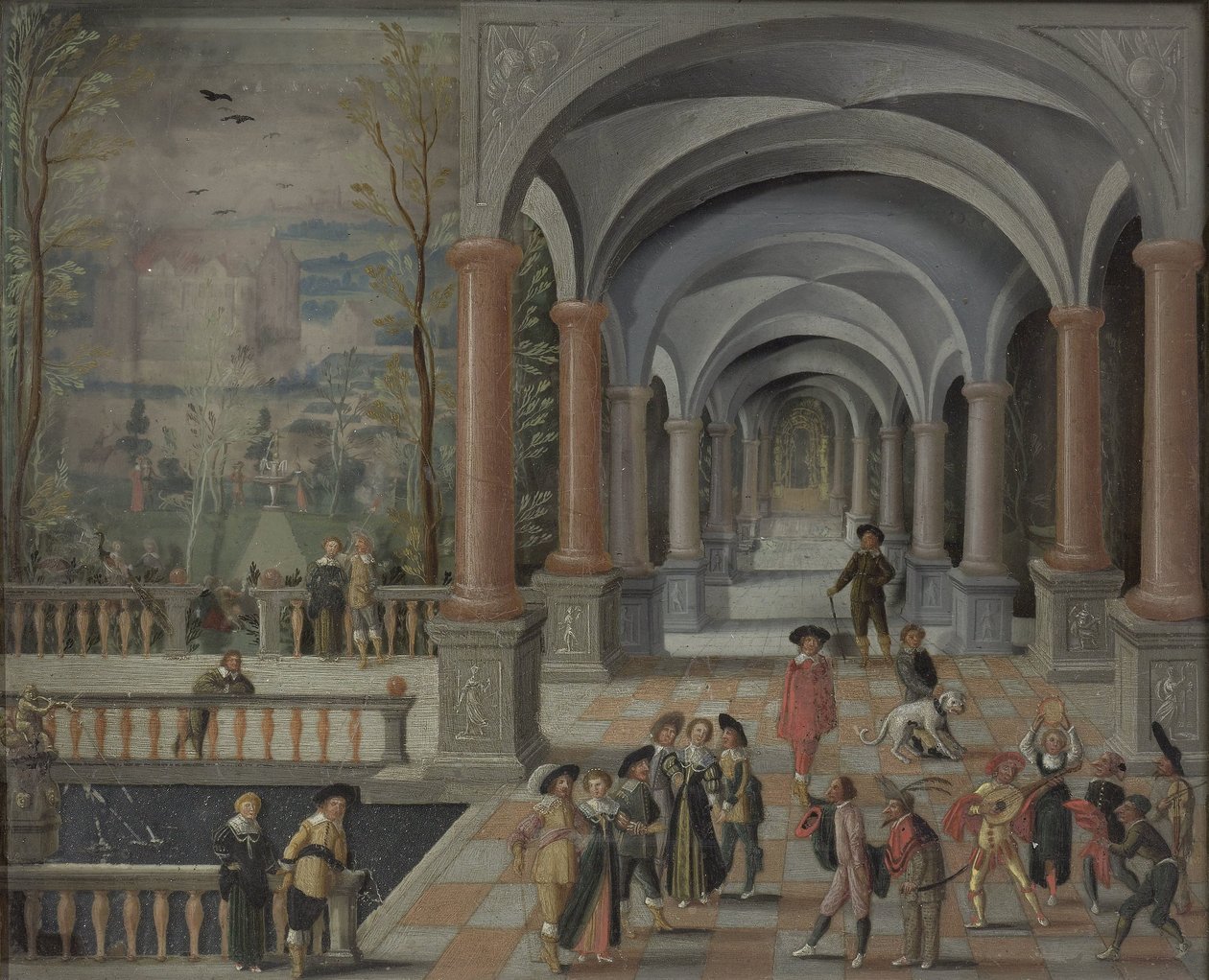 Festlig sammankomst och figurer från en Commedia dell