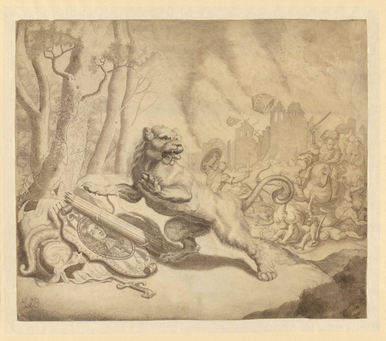 Det holländska lejonet söker hjälp från Vilhelm III, 1672 av Monogrammist ESB (tekenaar) (signed by artist)