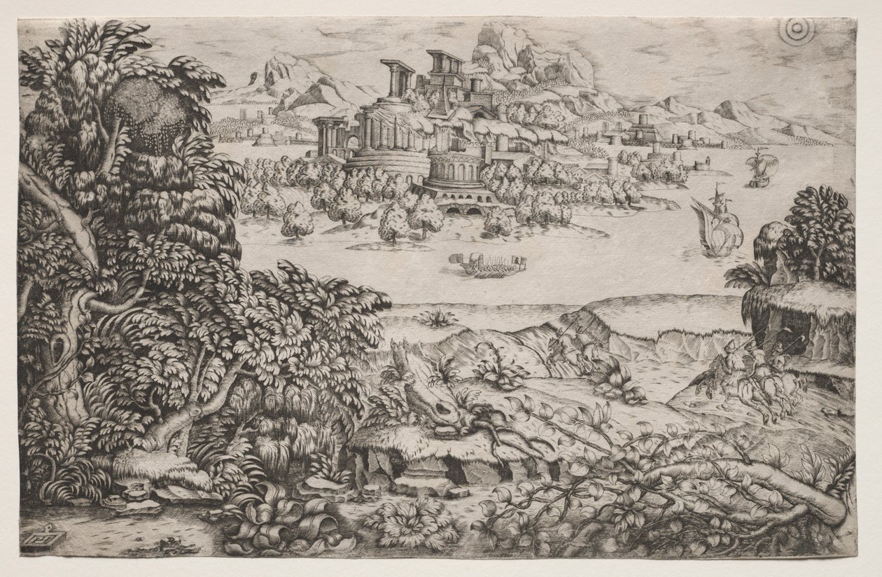 Landskap med ett tempel ovanför en sjö, 1500-talet. av Monogrammist HI