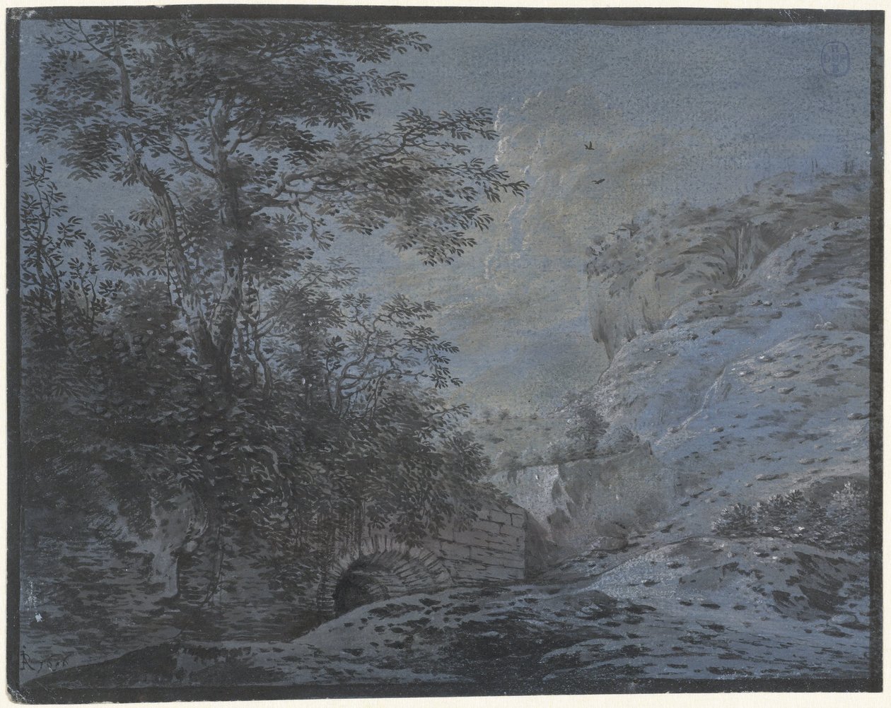 Kvällslandskap med bevuxen ruin av Monogrammist IAR of IAP