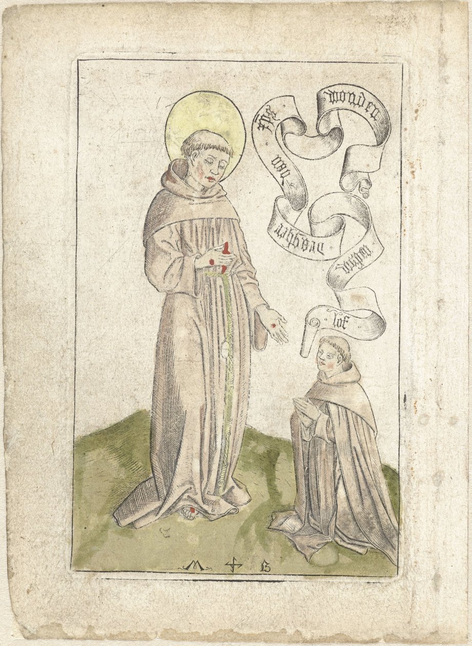 Saint Francis med knästående Franciscan av Monogrammist MB (Nederlanden)