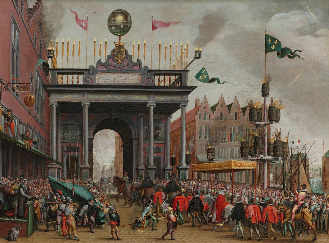 Glädjefullt inträde av hertigen av Anjou i Antwerpen den 19 februari 1582 François, hertig av Anjous (1556-1584), glädjefyllda intåg i Antwerpen med en triumfbåge på St. Jans bro, 19 februari 1582 av Monogrammist MHVH